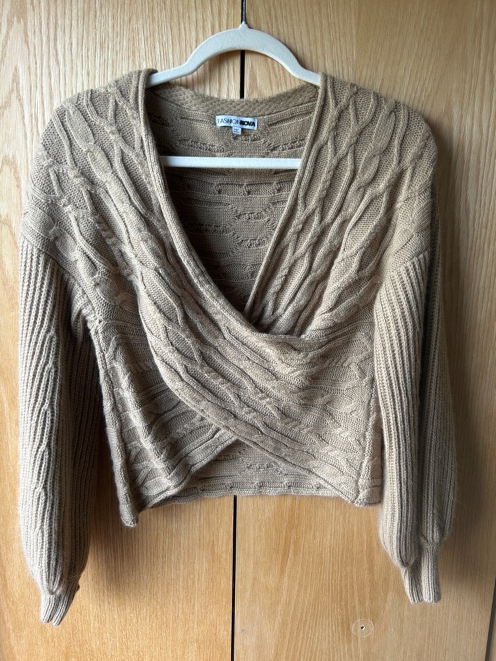 Fashion Nova Beige Cable-Knit Wrap V-Neck Sweater